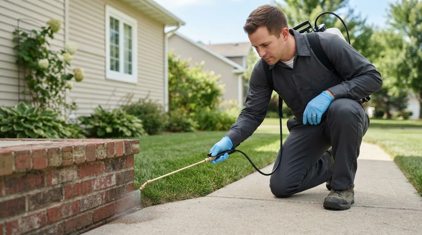 Pest control technician treating a home near New Tripoli, PA